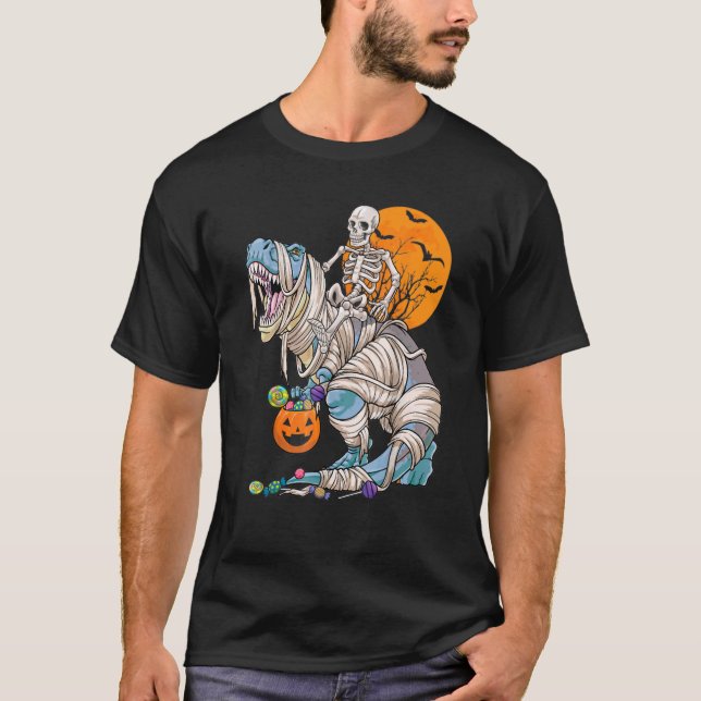 Skeleton Riding Mummy Dinosaur Rex Halloween  Pump T-Shirt (Front)