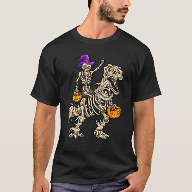 Skeleton Riding Mummy Dinosaur rex Halloween  Pump T-Shirt (Front)