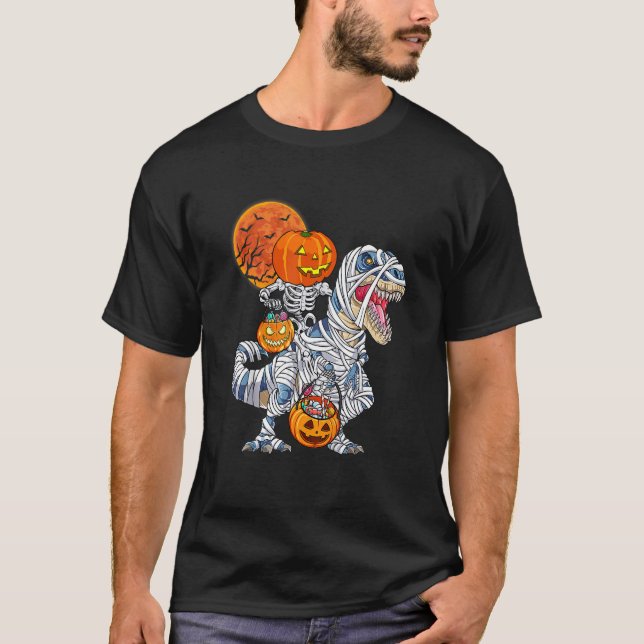 Skeleton Riding Mummy Dinosaur Rex Halloween  Pump T-Shirt (Front)