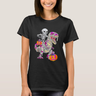 Skeleton Riding Mummy Dinosaur Rex Halloween Pump T-Shirt
