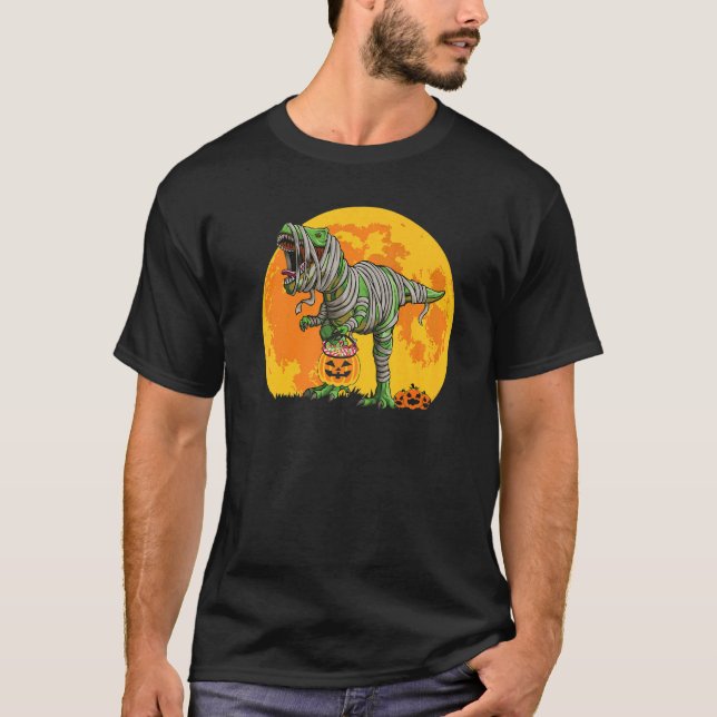 Skeleton Riding Mummy Dinosaur Rex Halloween  Pump T-Shirt (Front)