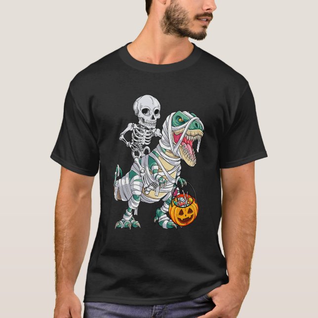 Skeleton Riding Mummy Dinosaur rex Halloween  Pump T-Shirt (Front)