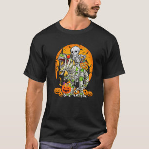 Skeleton Riding Mummy Dinosaur rex Halloween Pump T-Shirt
