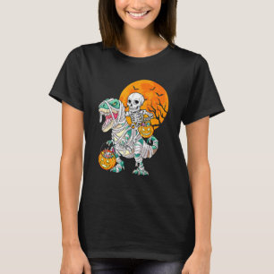 Skeleton Riding Mummy Dinosaur Rex Halloween Pump T-Shirt