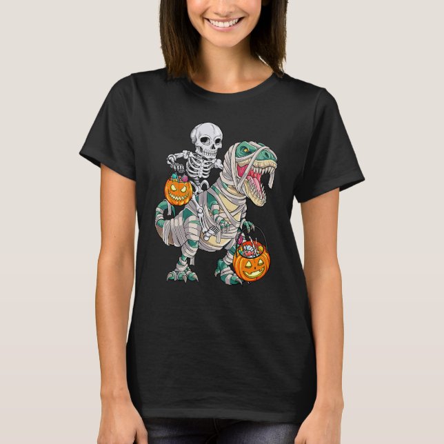 Skeleton Riding Mummy Dinosaur Rex Halloween  Pump T-Shirt (Front)