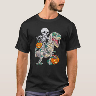 Skeleton Riding Mummy Dinosaur rex Halloween Pump T-Shirt