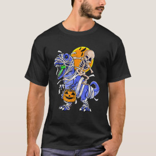 Skeleton Riding Mummy Dinosaur rex Halloween Pump T-Shirt