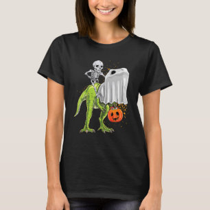 Skeleton Riding Mummy Dinosaur rex Halloween Pumpk T-Shirt