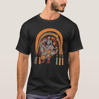 Skeleton riding mummy dinosaur rex halloween rainb T-Shirt