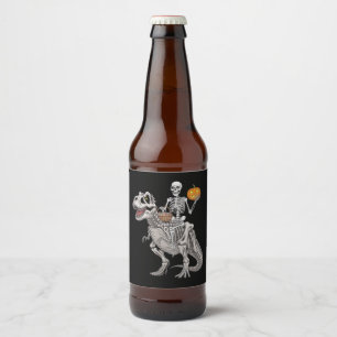 Skeleton Riding Mummy Dinosaur T rex Halloween  Beer Bottle Label