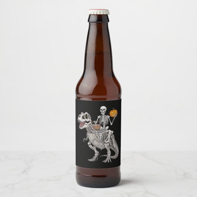 Skeleton Riding Mummy Dinosaur T rex Halloween  Beer Bottle Label (Front)