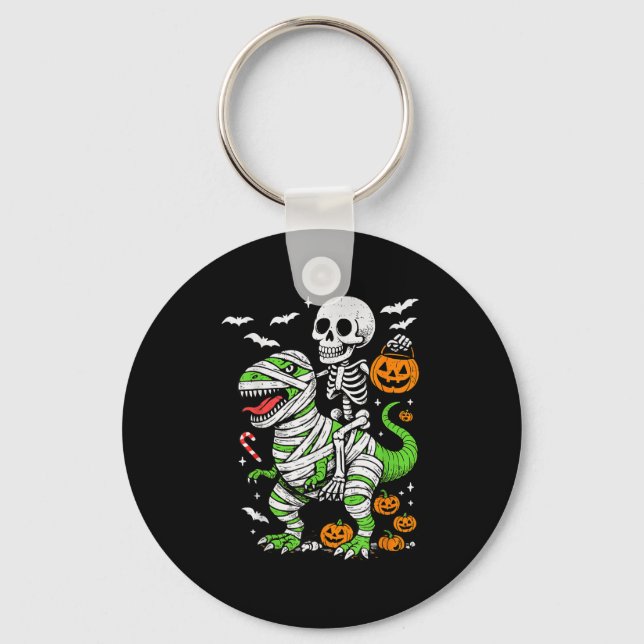 Skeleton Riding Mummy Dinosaur T Rex Halloween Boy Key Ring (Front)