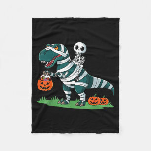 Skeleton Riding Mummy Dinosaur T rex Halloween Fleece Blanket