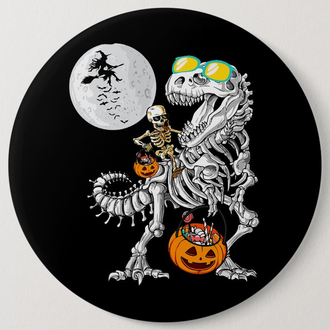 Skeleton Riding Mummy Dinosaur T Rex Halloween Fun 6 Cm Round Badge (Front)
