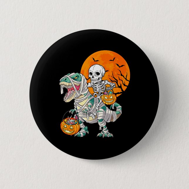 Skeleton Riding Mummy Dinosaur T Rex Halloween Fun 6 Cm Round Badge (Front)