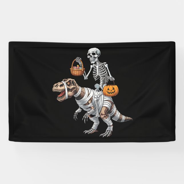 Skeleton Riding Mummy Dinosaur T rex Halloween Fun Banner (Horizontal)