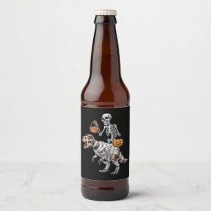 Skeleton Riding Mummy Dinosaur T rex Halloween Fun Beer Bottle Label