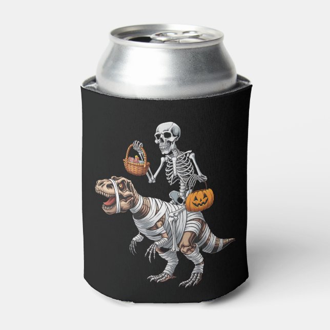 Skeleton Riding Mummy Dinosaur T rex Halloween Fun Can Cooler (Can Front)