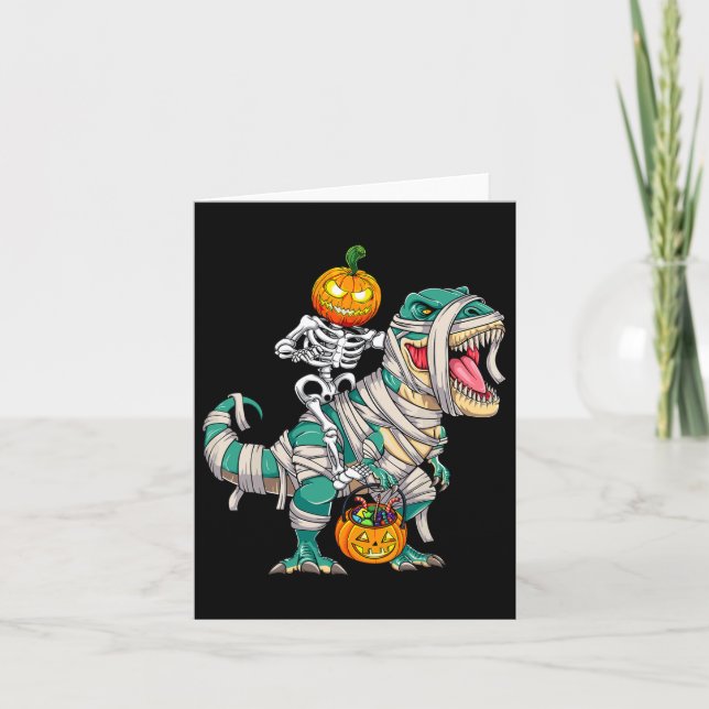 Skeleton Riding Mummy Dinosaur T Rex Halloween Fun Card (Front)