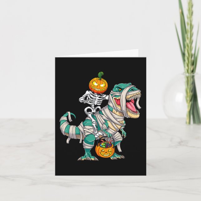 Skeleton Riding Mummy Dinosaur T rex Halloween Fun Card (Front)