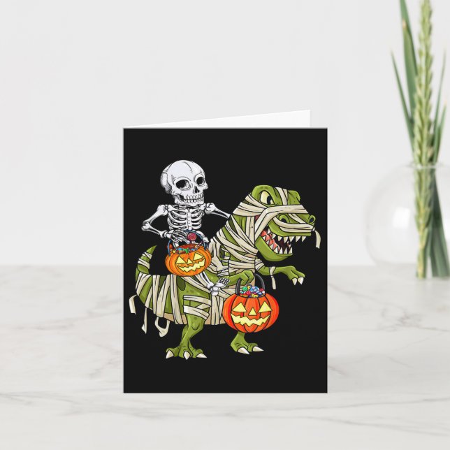 Skeleton Riding Mummy Dinosaur T Rex Halloween Fun Card (Front)