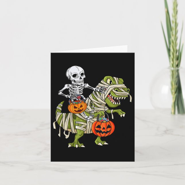 Skeleton Riding Mummy Dinosaur T Rex Halloween Fun Card (Front)