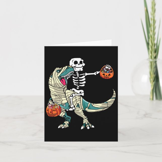 Skeleton Riding Mummy Dinosaur T Rex Halloween Fun Card (Front)
