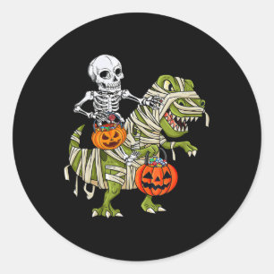 Skeleton Riding Mummy Dinosaur T rex Halloween Fun Classic Round Sticker