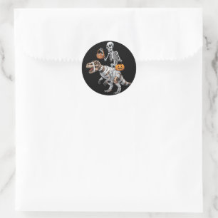 Skeleton Riding Mummy Dinosaur T rex Halloween Fun Classic Round Sticker