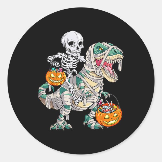Skeleton Riding Mummy Dinosaur T Rex Halloween Fun Classic Round Sticker (Front)