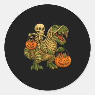 Skeleton Riding Mummy Dinosaur T Rex Halloween Fun Classic Round Sticker