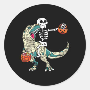 Skeleton Riding Mummy Dinosaur T Rex Halloween Fun Classic Round Sticker