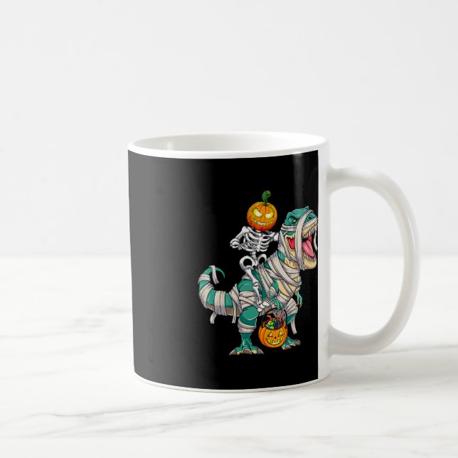 Skeleton Riding Mummy Dinosaur T rex Halloween Fun Coffee Mug (Right)
