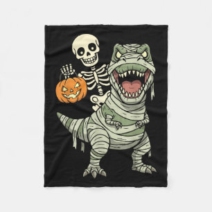 Skeleton Riding Mummy Dinosaur T Rex Halloween Fun Fleece Blanket