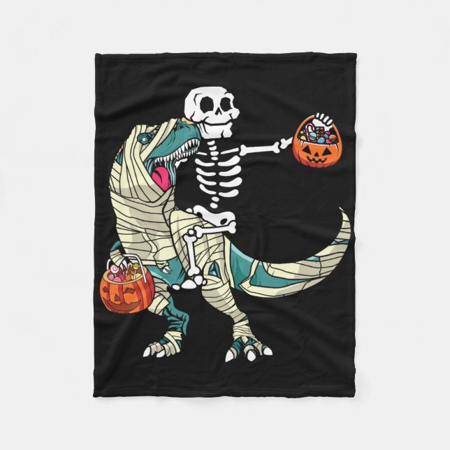 Skeleton Riding Mummy Dinosaur T Rex Halloween Fun Fleece Blanket (Front)
