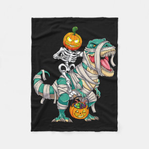 Skeleton Riding Mummy Dinosaur T Rex Halloween Fun Fleece Blanket