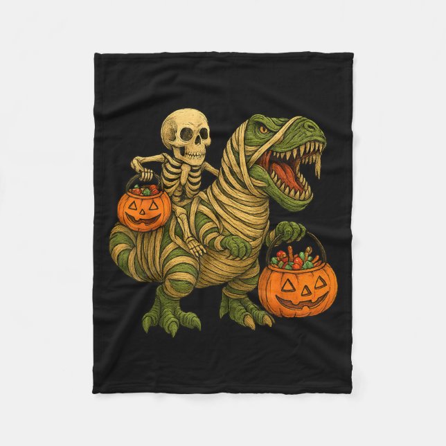 Skeleton Riding Mummy Dinosaur T Rex Halloween Fun Fleece Blanket (Front)