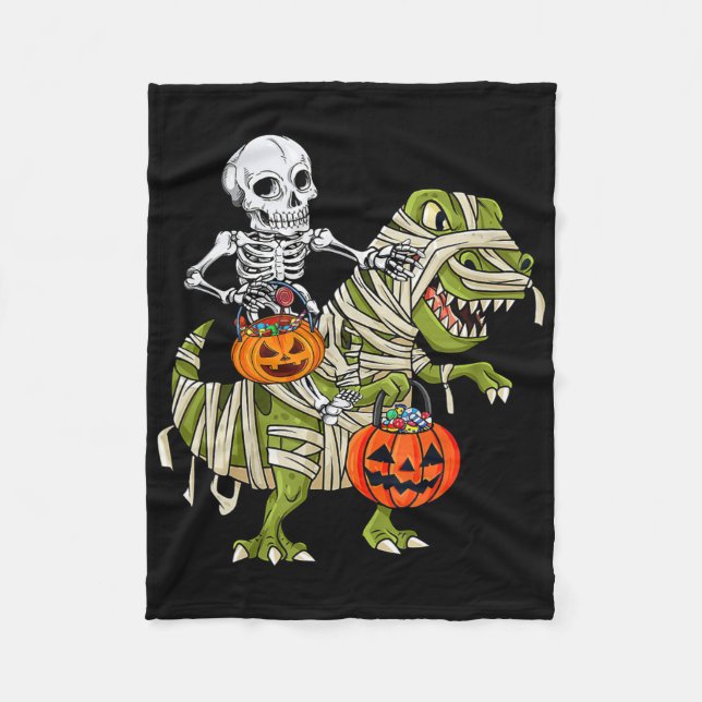 Skeleton Riding Mummy Dinosaur T Rex Halloween Fun Fleece Blanket (Front)