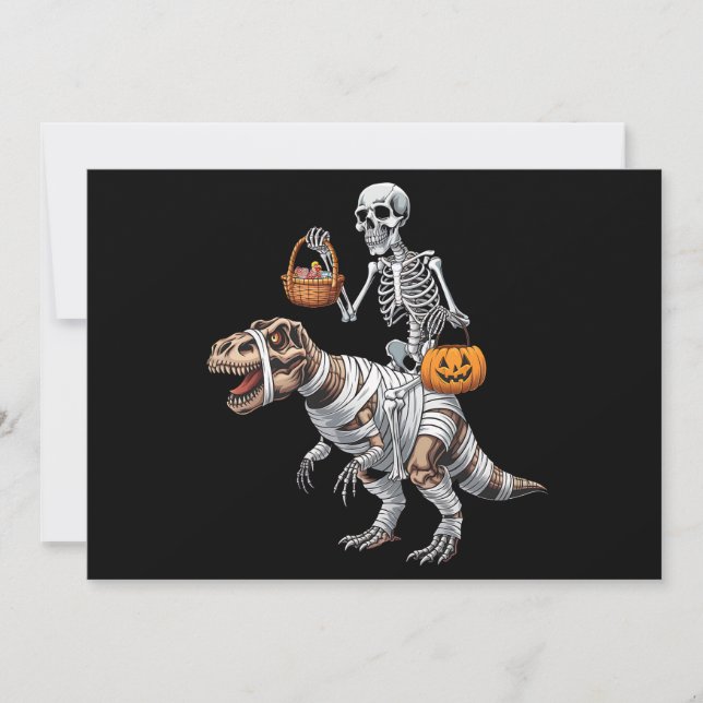 Skeleton Riding Mummy Dinosaur T rex Halloween Fun Invitation (Front)