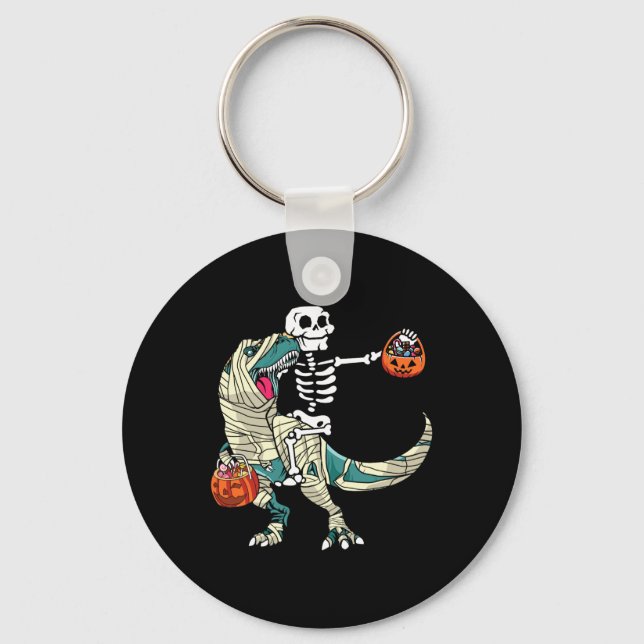 Skeleton Riding Mummy Dinosaur T Rex Halloween Fun Key Ring (Front)