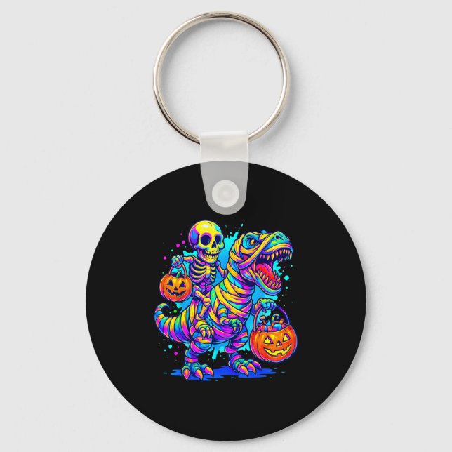 Skeleton Riding Mummy Dinosaur T Rex Halloween Fun Key Ring (Front)