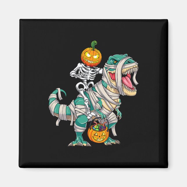 Skeleton Riding Mummy Dinosaur T rex Halloween Fun Magnet (Front)
