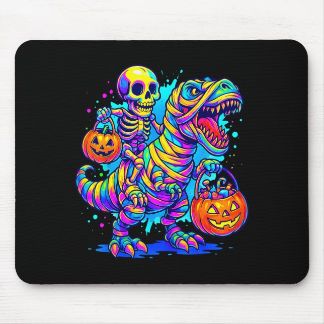 Skeleton Riding Mummy Dinosaur T Rex Halloween Fun Mouse Mat (Front)