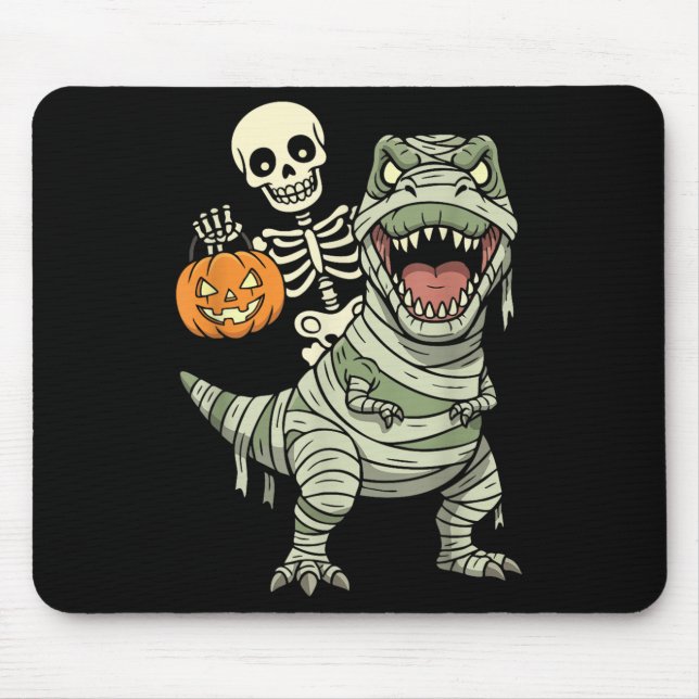 Skeleton Riding Mummy Dinosaur T Rex Halloween Fun Mouse Mat (Front)