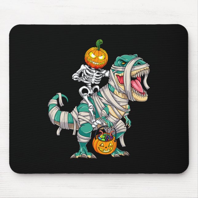 Skeleton Riding Mummy Dinosaur T Rex Halloween Fun Mouse Mat (Front)