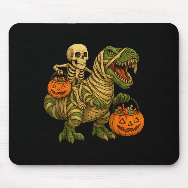Skeleton Riding Mummy Dinosaur T Rex Halloween Fun Mouse Mat (Front)