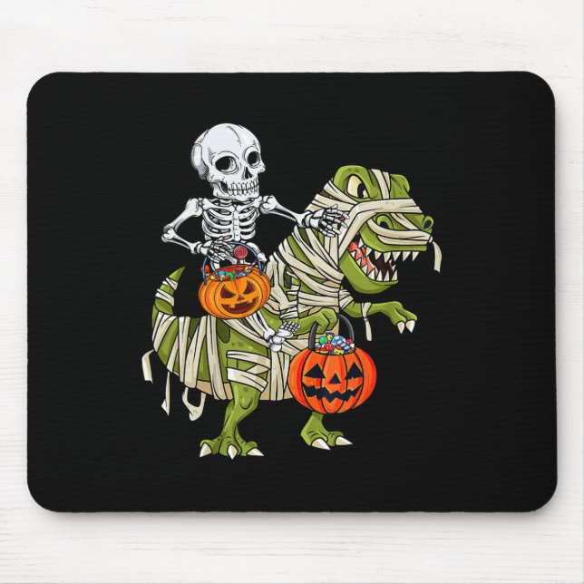 Skeleton Riding Mummy Dinosaur T Rex Halloween Fun Mouse Mat (Front)