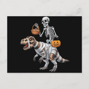 Skeleton Riding Mummy Dinosaur T rex Halloween Fun Postcard