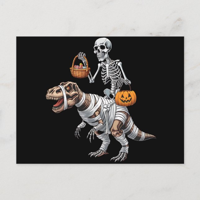 Skeleton Riding Mummy Dinosaur T rex Halloween Fun Postcard (Front)