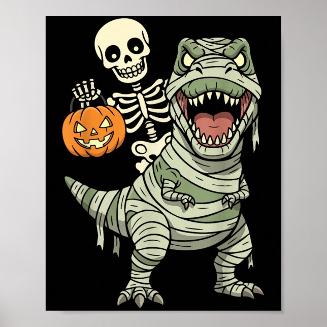 Skeleton Riding Mummy Dinosaur T Rex Halloween Fun Poster (Front)